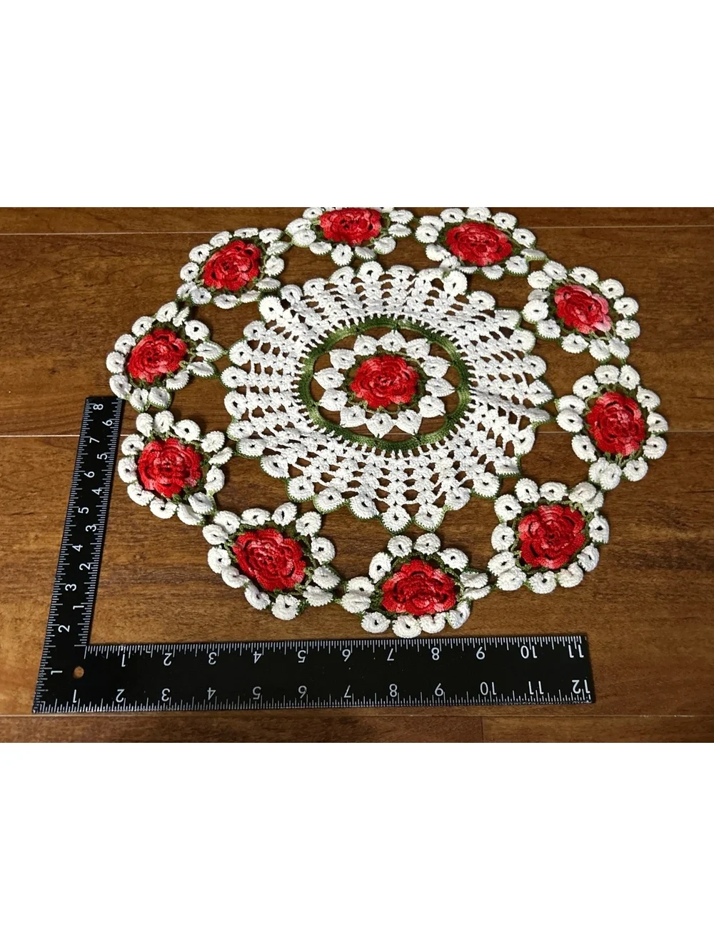 Set of 2 Handmade Crochet Doilies with Red Rose Design